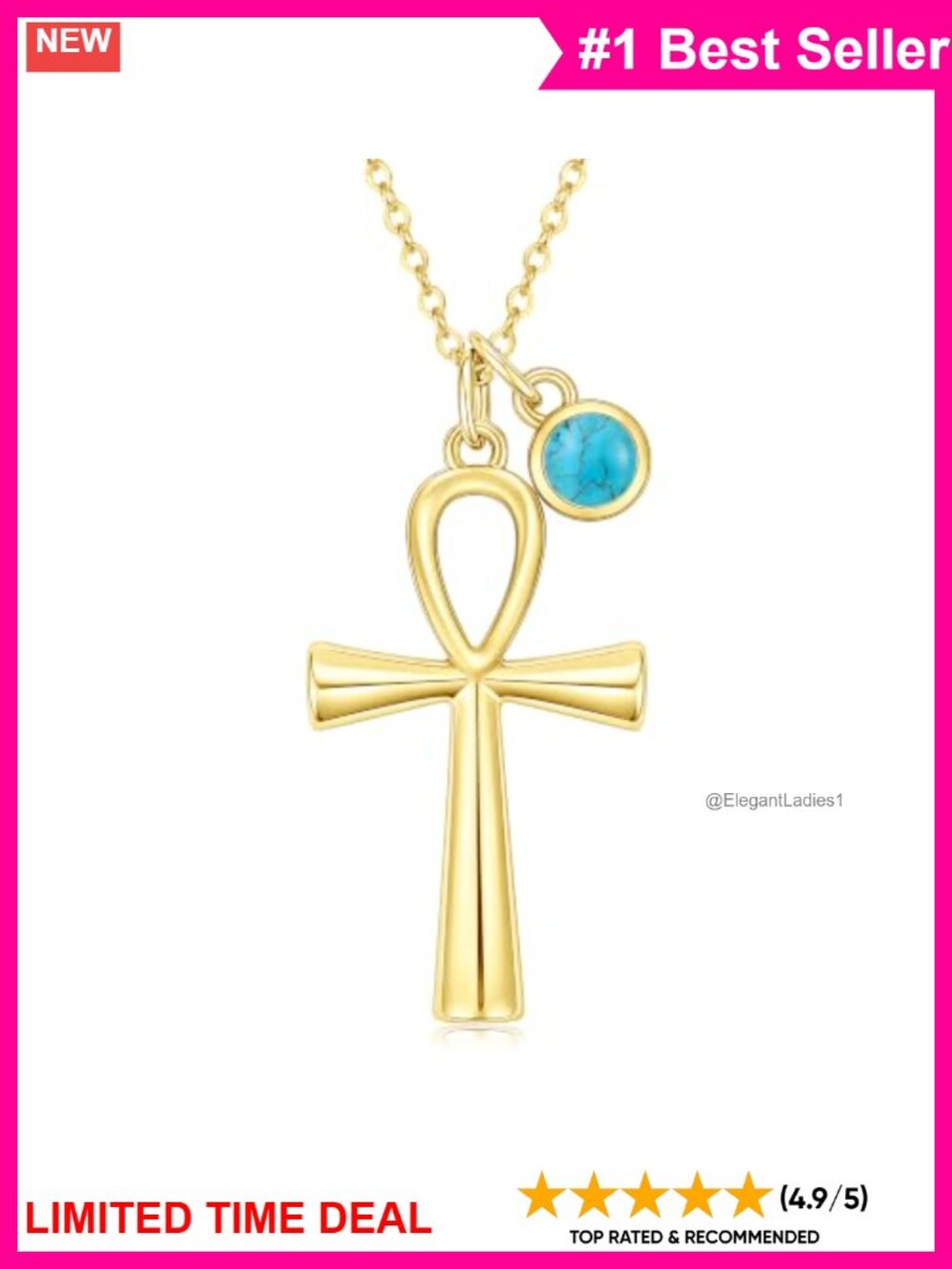 14k Gold Plated Ankh Cross Birthstone Pendant Necklace